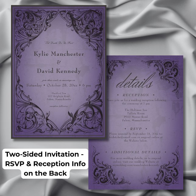 Invitación Muralla de época hasta la muerte Boda púrpura de d (Vintage Bat Until Death Purple Wedding Two Sided Invitation)