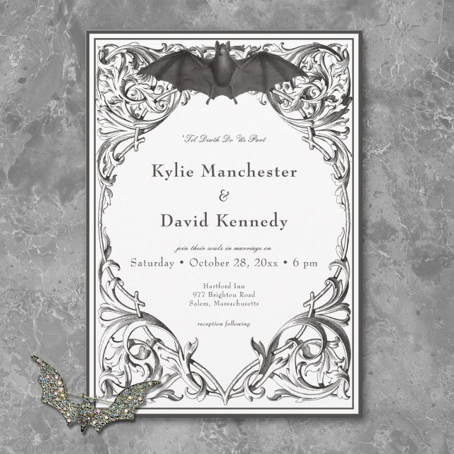 Invitación Muralla victoriana hasta la muerte Boda blanco y n (Victorian Bat Until Death Black & White Wedding Invitation)