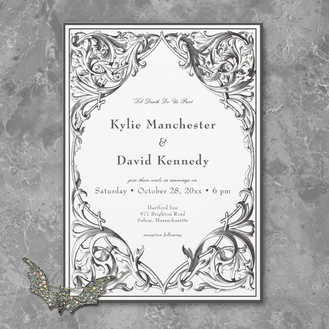 Invitación Muralla victoriana hasta la muerte Boda blanco y n (Victorian Bat Until Death Black & White Wedding Invitation)
