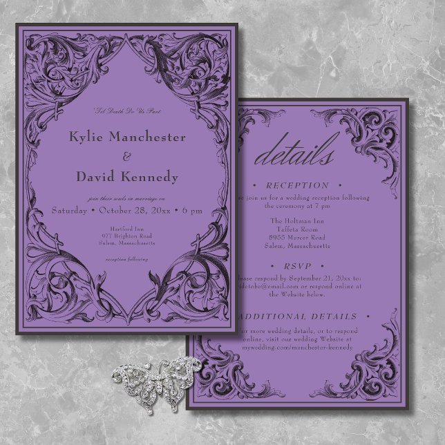 Invitación Muralla victoriana hasta la muerte negra y morada  (Victorian Bat Until Death Black & Purple Two Sided Invitation)