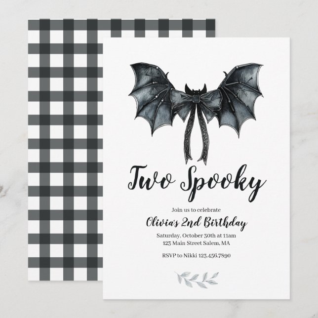 Invitación Murciélago de Halloween Arco Dos Cumpleaños Espelu (Anverso / Reverso)