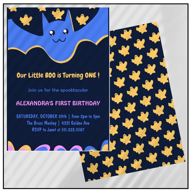 Invitación Murciélago fantasma Volador Pequeño boo Halloween  (Halloween-1st-Birthday-Invitation-Ghost-Flying-bat-Little-boo-1)