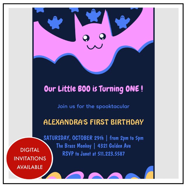 Invitación Murciélago fantasma Volador Pequeño boo Halloween  (Halloween-1st-Birthday-Invitation-Ghost-Flying-bat-Little-boo-pink-1)