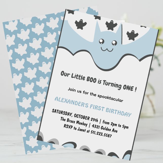 Invitación Murciélago fantasma Volador Pequeño boo Halloween  (Halloween-1st-Birthday-Invitation-Ghost-Flying-bat-Little-boo-blue-1)