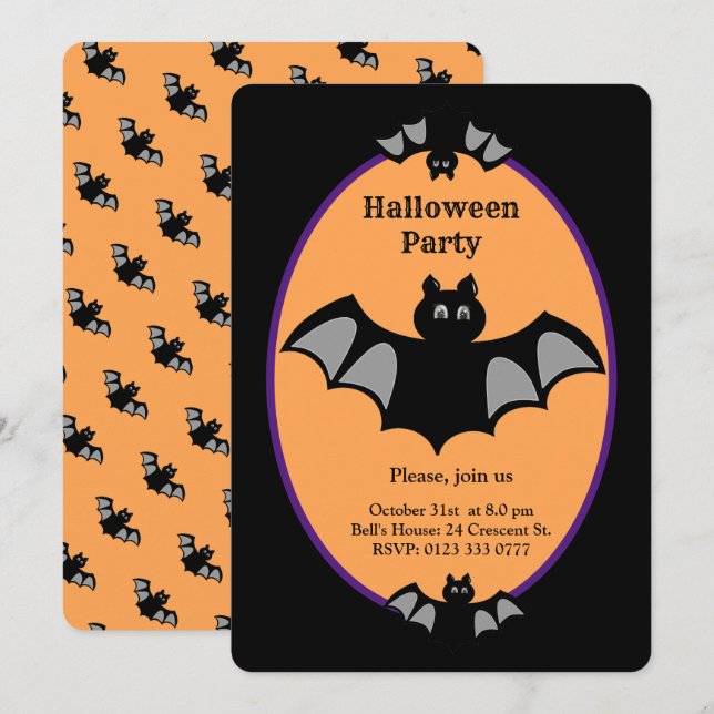 Invitación Murciélago Halloween moderno sobre negro y naranja (Anverso / Reverso)