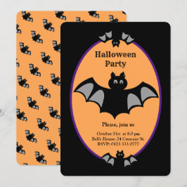Invitación Murciélago Halloween moderno sobre negro y naranja