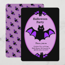 Invitación Murciélago Halloween moderno sobre negro y violeta