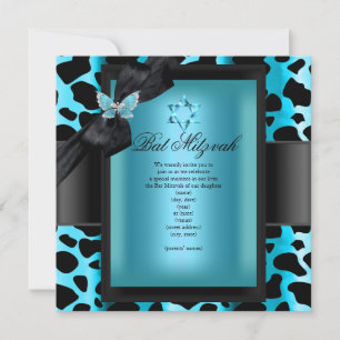 Invitación Murciélago Mitzvah Leopardo Azul Turquesa Mariposa