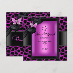 Invitación Murciélago Mitzvah Leopardo Mariposa Rosa