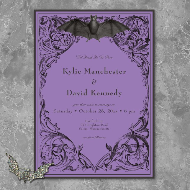 Invitación Murciélago victoriano hasta la muerte Boda negro y (Victorian Bat Until Death Black & Purple Wedding Invitation)