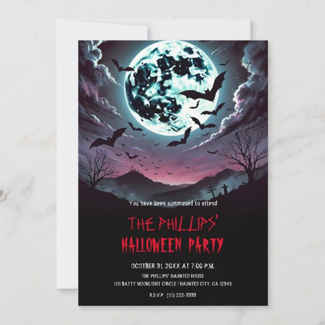 Invitación Murciélagos de Cementerio en la Fiesta de Hallowee (Anverso)