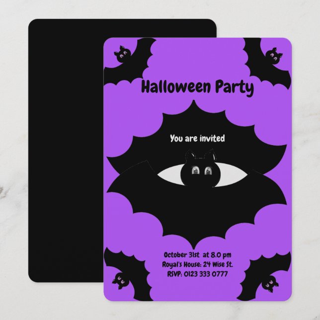 Invitación Murciélagos de Halloween en Ultra Violeta (Anverso / Reverso)