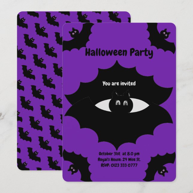 Invitación Murciélagos de Halloween sobre púrpura real (Anverso / Reverso)