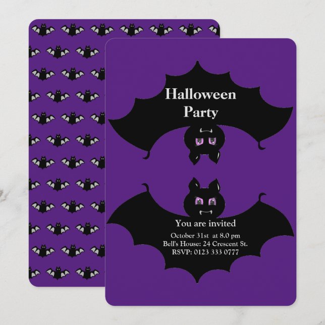 Invitación Murciélagos espeluznantes de Halloween sobre púrpu (Anverso / Reverso)
