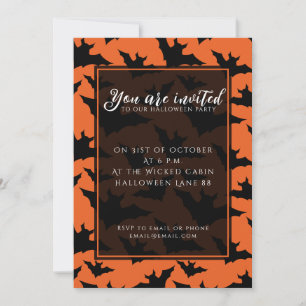Invitación Murciélagos negros de Halloween naranja patrón esp