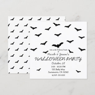 Invitación Murciélagos Negros y Fiesta de Halloween Blanca y 