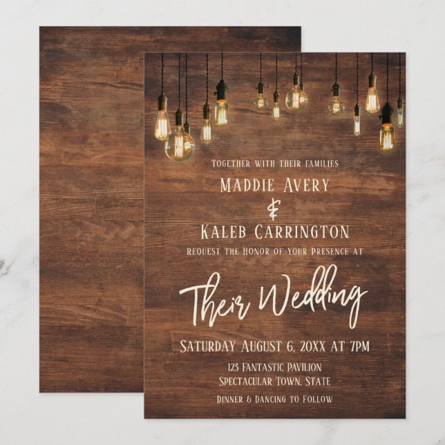 Invitación Muro de madera marrón Edison ilumina a Boda de tip (Anverso / Reverso)