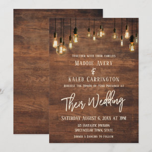 Invitación Muro de madera marrón Edison ilumina a Boda de tip