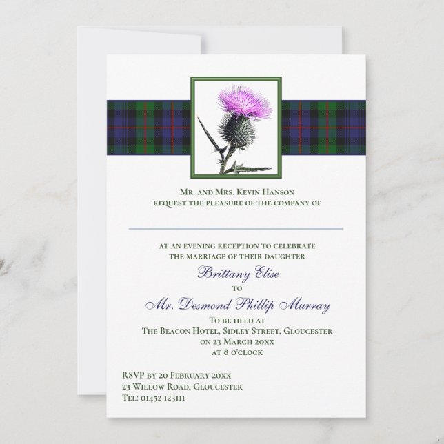 Invitación Murray morado del cardo de atolón Boda Tartán (Anverso)