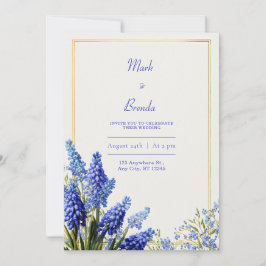 Invitación Muscari Azul Cobalto Marco Botánico Dorado Boda
