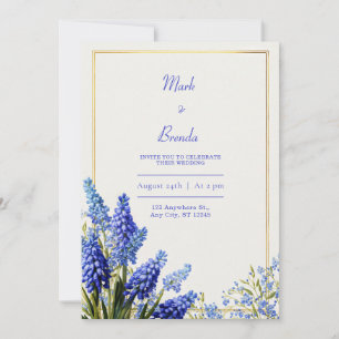 Invitación Muscari Azul Cobalto Marco Botánico Dorado Boda