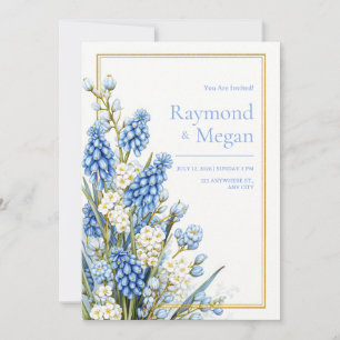 Invitación Muscari Azul Flor Blanca Marco Dorado Boda