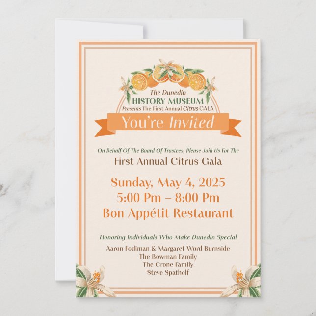Invitación Museo de Historia Dunedin Gala del Citrus 2025 (Anverso)