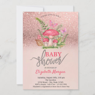 Invitación Mushroom Butterflies Rosa Purpurina de oro Baby Sh