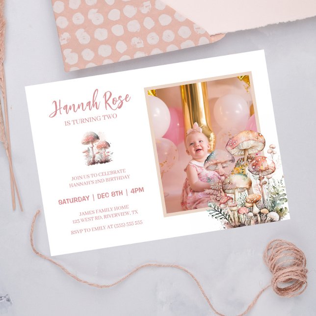 Invitación Mushroom Cute Rubor Pink Woodland Photo Birday (Subido por el creador)