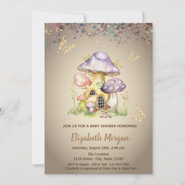 Invitación Mushroom Houses Gold Butterfly Baby Shower (Anverso)