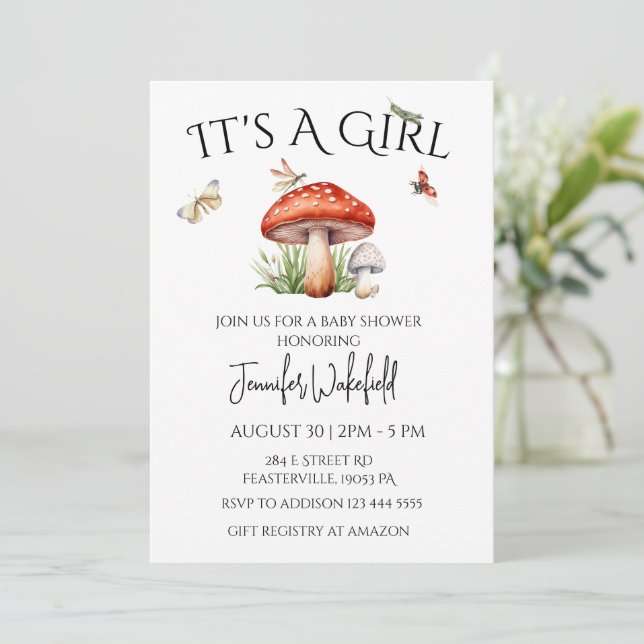 Invitación Mushroom Insect Woodland Forest Baby Shower Chica (Anverso de pie)