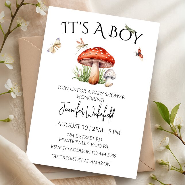 Invitación Mushroom Insect Woodland Forest Boy Baby Shower (Mushroom Insects Woodland Forest Boy Baby Shower Invitation)