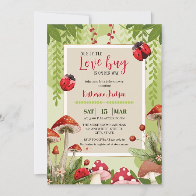 Invitación Mushroom Our Little Love bug Chica Baby Shower (Anverso)