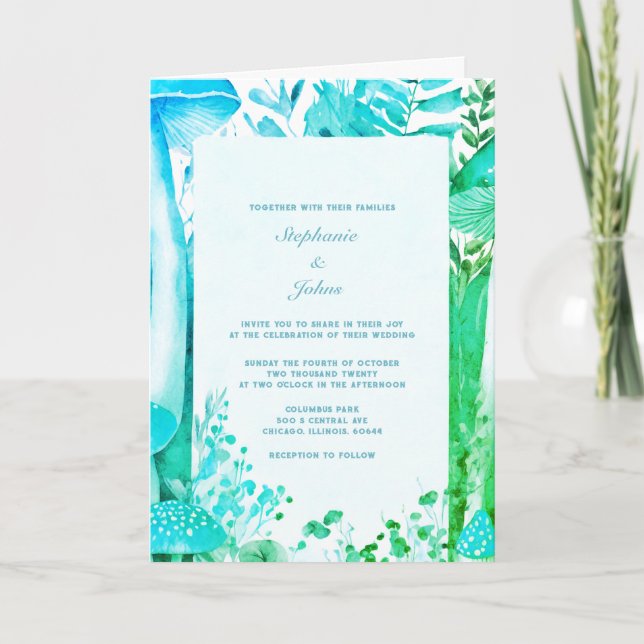 Invitación Mushroom Woodland Abstract Blue Green Boho Boda (Anverso)