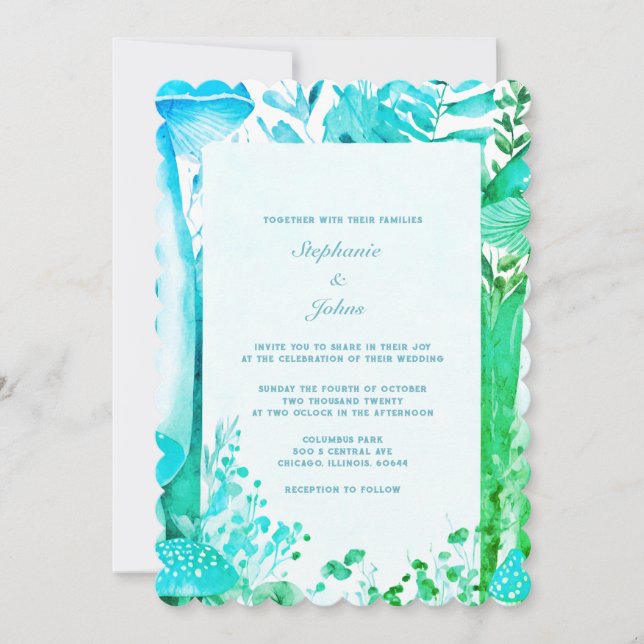 Invitación Mushroom Woodland Blue Green Abstract Boho Boda (Anverso)