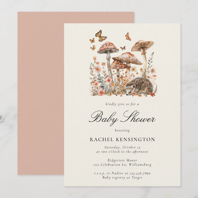 Invitación Mushroom Woodland Hedgehog Butterflies Baby Shower (Anverso / Reverso)