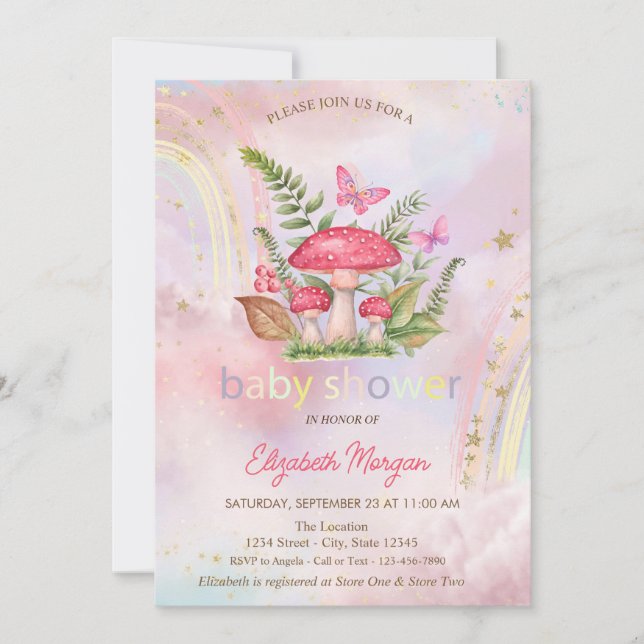 Invitación Mushrooms Butterflies Rainbow Floral Baby Shower (Anverso)