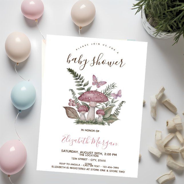 Invitación Mushrooms Butterfly Pink Strips Baby Shower (Subido por el creador)