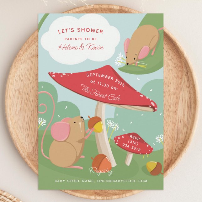 Invitación Mushrooms y Field Mice Woodland Baby Shower (Subido por el creador)