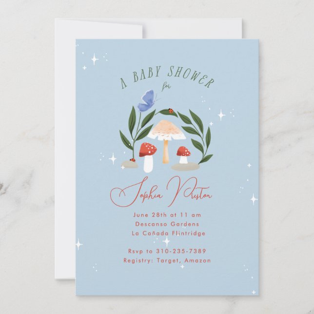 Invitación Mushrooms y mariposa en el jardín de hadas mágicas (Anverso)