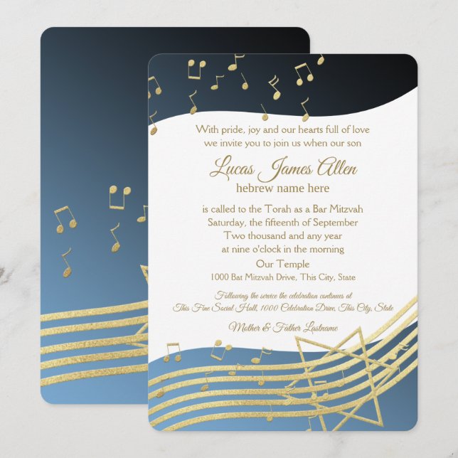 Invitación Music Bar Mitzvah Blue and Gold (Anverso / Reverso)