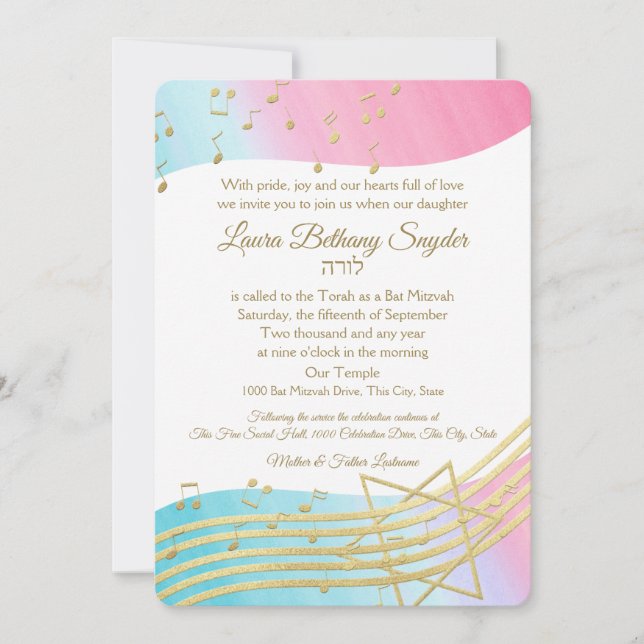 Invitación Music Bat Mitzvah Watercolor y Gold (Anverso)