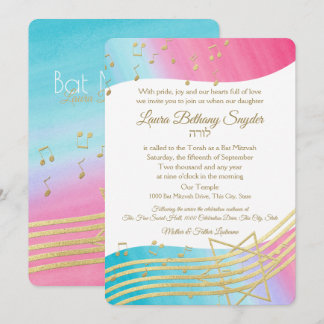 Invitación Music Bat Mitzvah Watercolor y Gold
