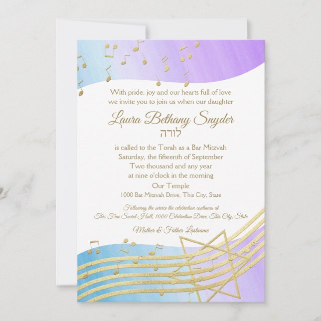 Invitación Music Bat Mitzvah Watercolor y Gold (Anverso)