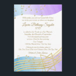 Invitación Music Bat Mitzvah Watercolor y Gold2<br><div class="desc">Tonos de violetas juveniles y acuarela azul diseño con notas de música dorada y Star of David,  invitación de Bat Mitzvah. Personalice el texto como prefiera.</div>