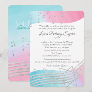 Invitación Music Bat Mitzvah Watercolor y Plata