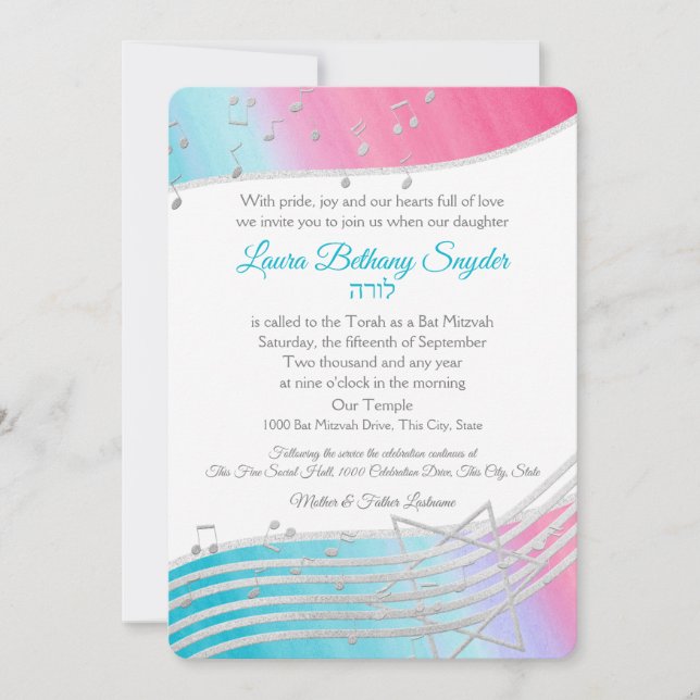 Invitación Music Bat Mitzvah Watercolor y Plata (Anverso)