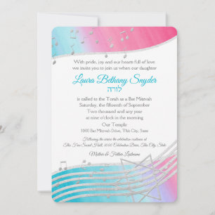 Invitación Music Bat Mitzvah Watercolor y Plata