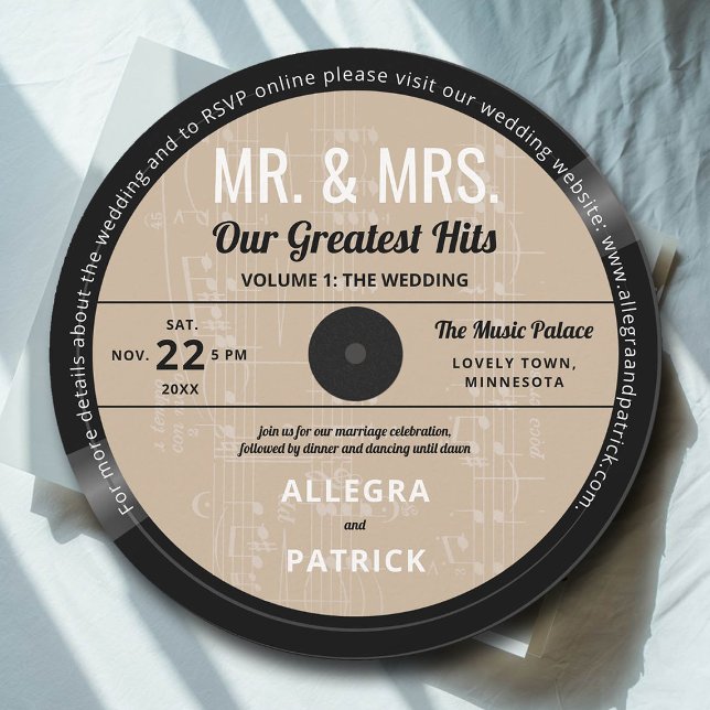 Invitación Music Greatest golpea al Boda Retro Vintage Ecru (music wedding invitation vinyl record vintage retro black white ecru mr mrs greatest hits casual)