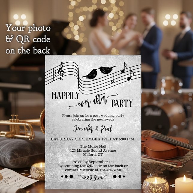 Invitación Music Happily Ever After Wedding Photo (Music themed Happily Ever After wedding invitation with song birds and musical notes in B&W + QR)